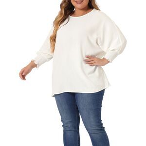 Plus Size Chiffon Tops Batwing Ruffle Elbow Sleeve Loose Shirts White